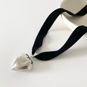 Vintage Sterling Silver Puffy Heart Pendant with Velvet Ribbons